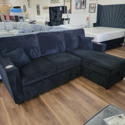 New Arrival, 2pc Black Corduroy Sleeper Sectional, With Usb And Cup Holders 