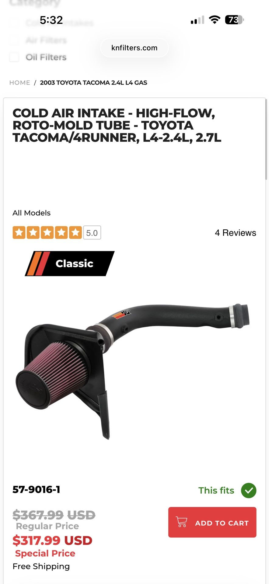 Toyota Tacoma K&N Intake System