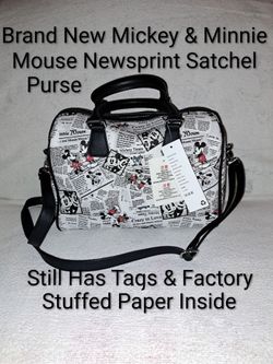 Brand New With Tags & Factory Paper Inside Disney Mickey & Minnie Mouse Newsprint Satchel Purse