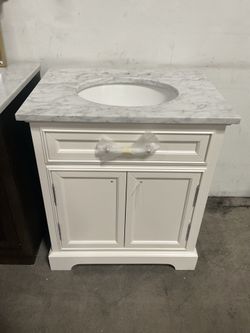 30” White Solid Wood Bathroom Vanity with Marble Top (V111)