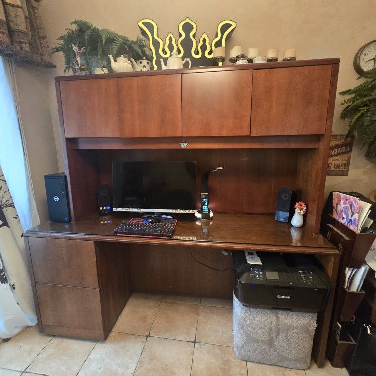 Wood Desk, Hutch & File Cabinet