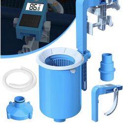 Above Ground Pool Skimmer with Solar Digital Thermometer | Wall Mount Surface Skimmer - Auto Skimming Pool Floating Debris | 2 Upgraded Bracket - More