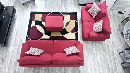 Rooms Togo 3 piece set Scarlet Red Sofa seat, loveseat with Chaise & 4 cushions
AREARUG 5x7 INCLUDED