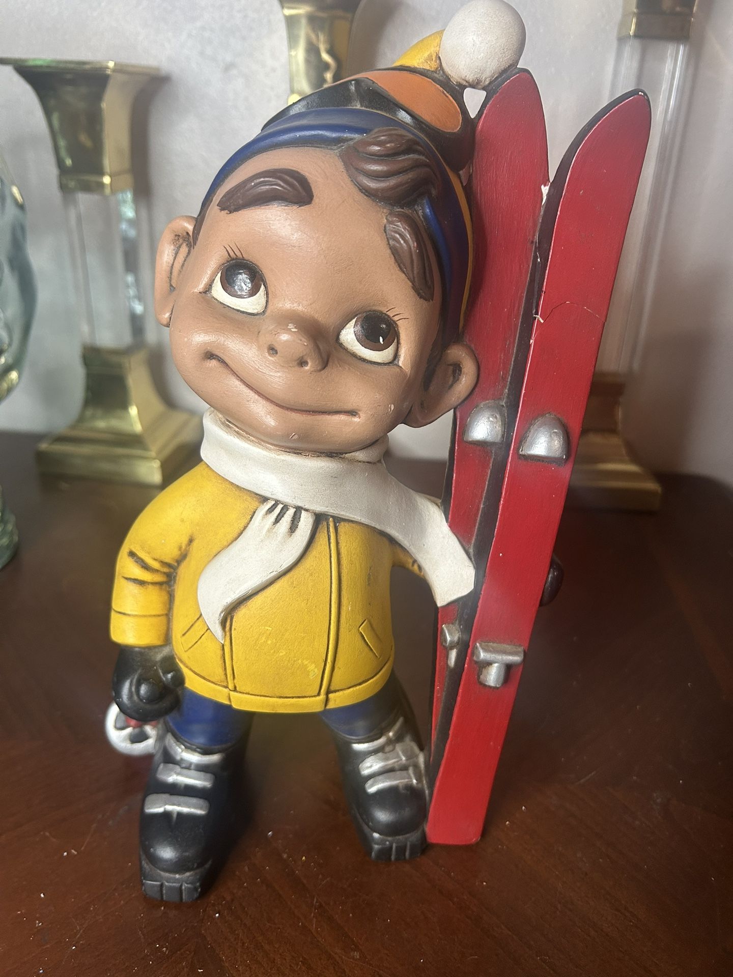 Vintage 1970s Hand Painted 12” Atlantic Mold Smiley Skier Boy Ceramic Figurine