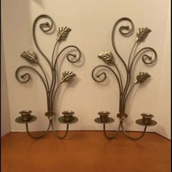  SET Of 2 HOME INTERIORS Homco Gold Metal Leaf Design Dual Candle Sconces 