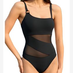 Chic Elegant Black One-Piece Swimsuit - Womans Size Medium Adjustable