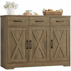 Farmhouse Buffet Sideboard Cabinet, Doors Storage with Drawers and Shelves,  Dark Brown S-7