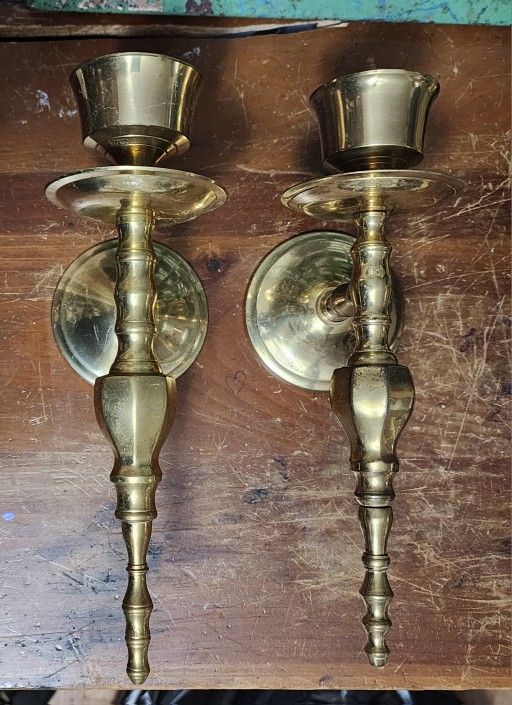 2 Vintage 10” Lacquered Brass Candle Wall Sconce Made In India