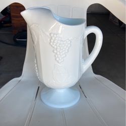 Vintage White Milk Glass Paneled Footed Pitcher Grape Vine Pattern 10.5" Tall