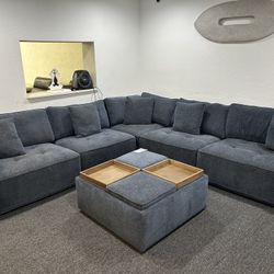 Furniture- 5 Pc L Shape Chenile Fabric Sectional- Nycolle 