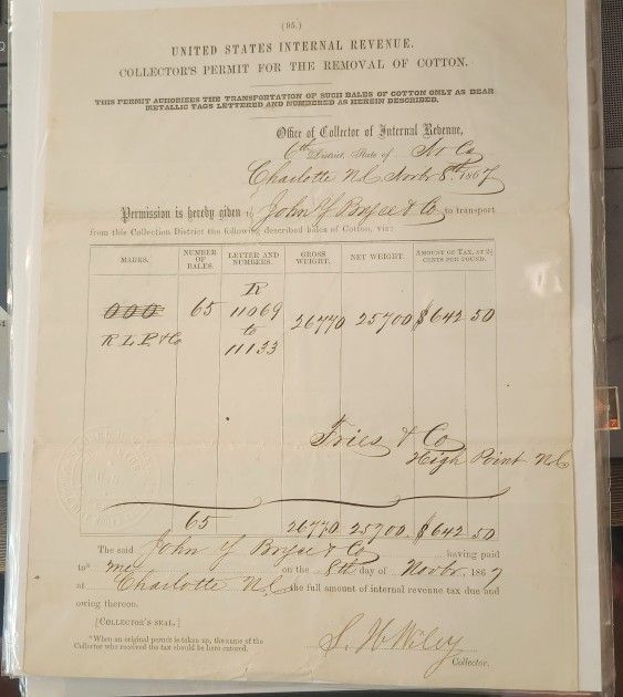 1867 US Internal Revenue Permit To Transport Cotton Re: Famous Confederate From Charlotte