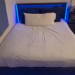 Queen Bed Frame with LED Lights, Headboard Shelf, USB & USB-C Ports, 4 Drawers
