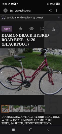 Diamondback Vital3 hybrid road bike with a 15" aluminum frame, 24 speed, front suspension.$80 Located Mount Dora Fla 32757