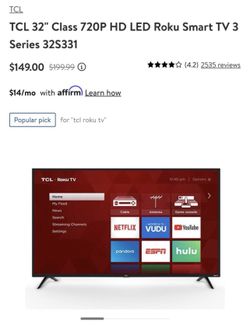 TCL 32 Class 720P HD LED Roku Smart TV 3 Series 32S331