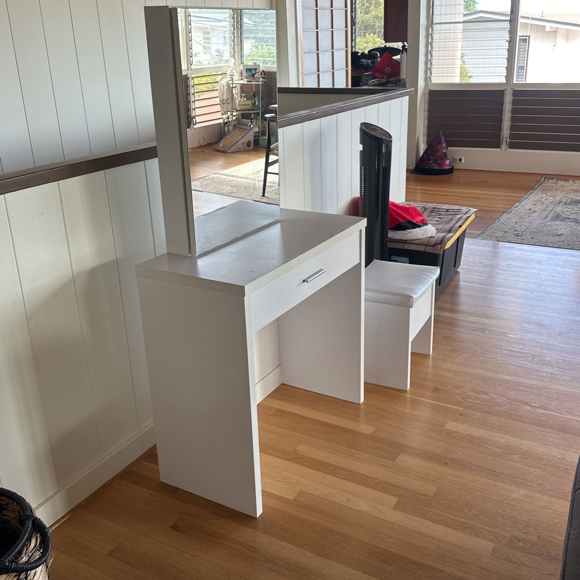 Vanity Desk, Mirror, Stool And Storage