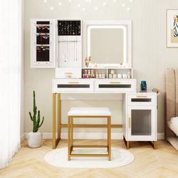 New Costway Premium Makeup Vanity Desk Dressing Table with Stool Set & Lighted LED Mirror White