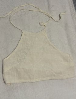 En Crème Cream Linen-Blend Tie-Back Halter Crop Top - Size Small