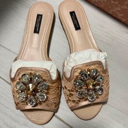 Dolce & Gabbana Bianca Crystal Lace Beige Sandals Shoes Size 7