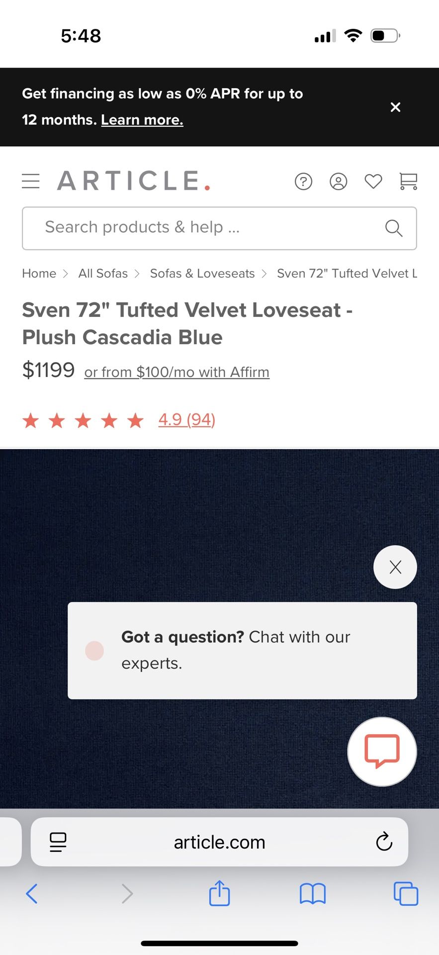 Lovely Blue Couch By Article - Velvet 