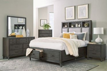 Transitional style bedroom set feature storage drawers, LED-lit, USB ports