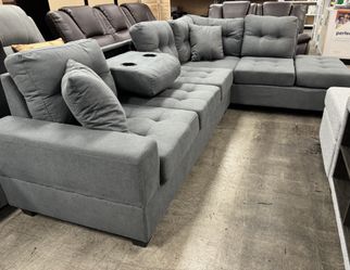 NEW Reversible Sectional Sofa w/ Drop Down Table & Cup Holders, Ottoman w/ Storage  