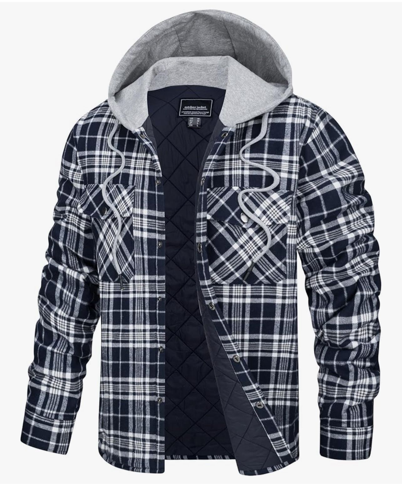 Men's Flannel Jacket with Hood Quilted Lined Plaid Shirts Jacket Cotton