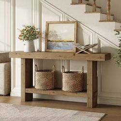 F2366 63" Solid Wood Console Table, 2-Tier Narrow Entryway Table for Hallway