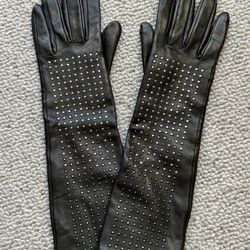 Long Black Studded Sheep Leather Gloves