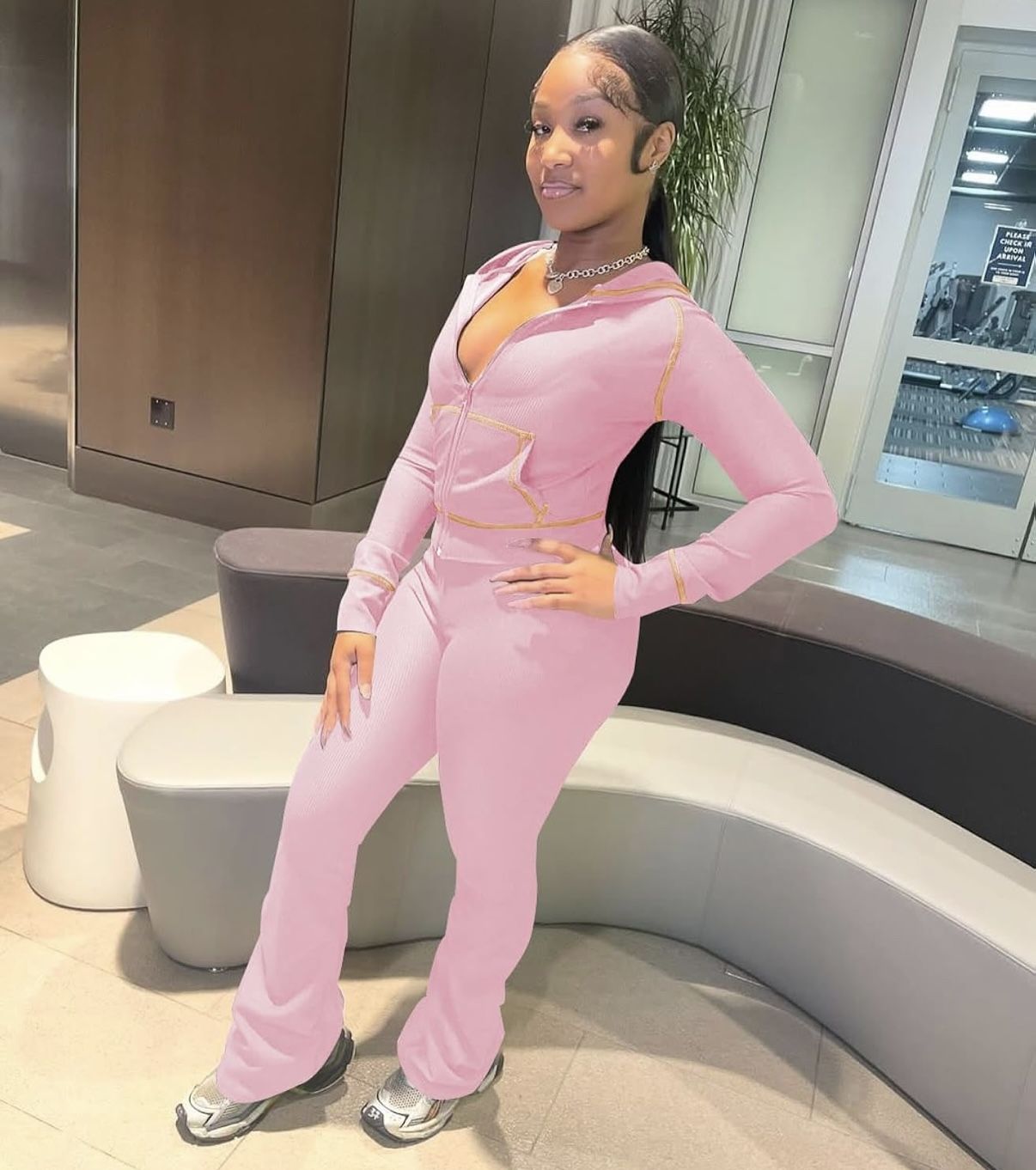 Waffle Two Piece Sweatsuit womens Hooded Long Sleeve Jacket and Flared Pants