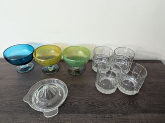 (4) Drinking Glasses, (3) Vintage Ice Cream Bowls, Glass Fruit Juicer
