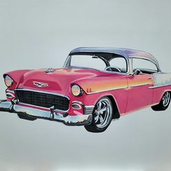 Chevrolet Bel Air 1955 Pink Color Pencil Drawing 11x14