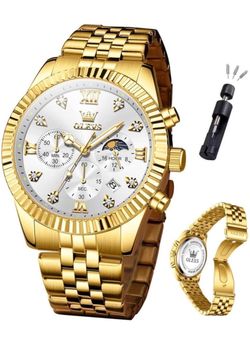 Brandnew Men Gold Stainless Steel Band, Classic Quartz Analog Wristwatch, White Dial Men's Dress Watch for Business and Daily Wear