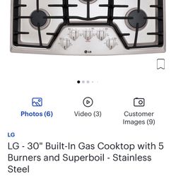 NEW NEVER USED LG 30”GAS STAINLESS STEEL 5 BURNER COOKTOP WITH FACTORY WARRANTY 8/19/23
