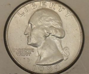 25 cents 1959 D. Silver vintage coin USA.