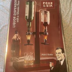 New Pour & Sip Liquor Dispenser W/ Wooden Stand (2 Full Bottles) 