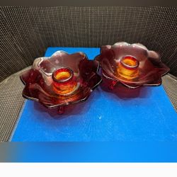 Vintage Fenton Amberina Petal Candle Holders 