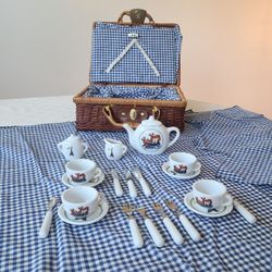 Children's Tea Party/Picnic Set in Reed Suitase, Porcelain Tableware, Plates, Cups, Utensils 