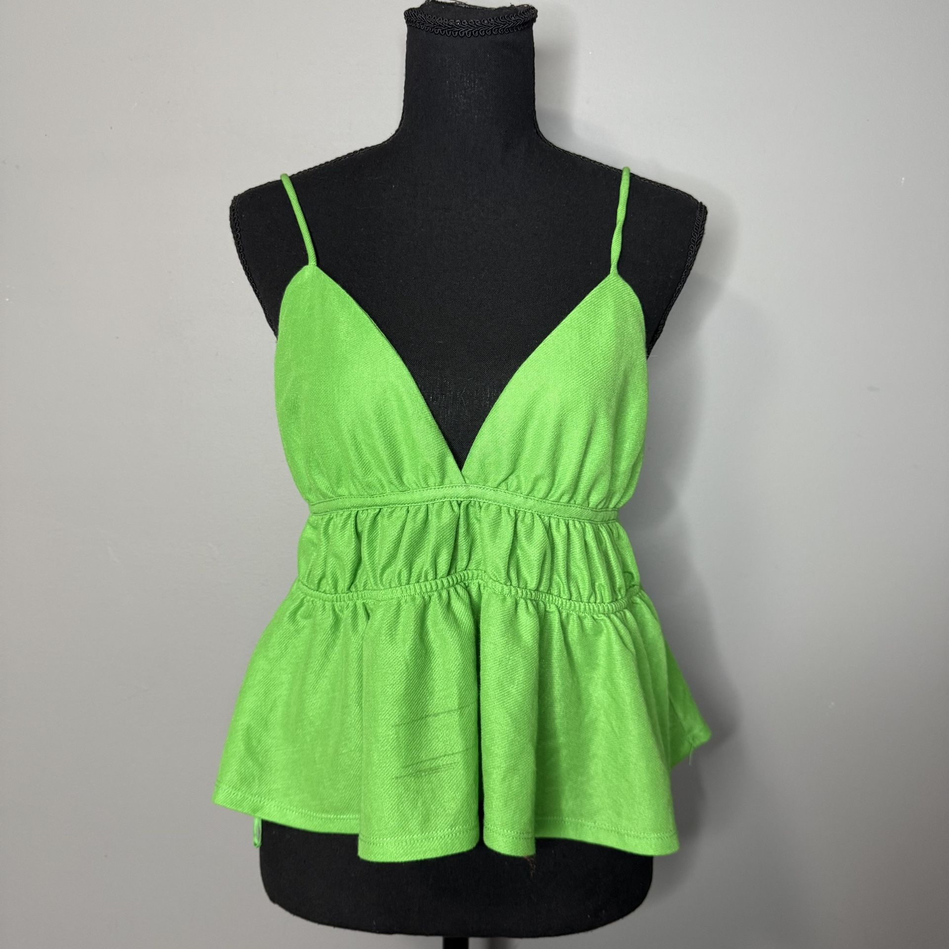 Zara Womens Ruched Top Tank Shirt M Green Open Back V-Neck