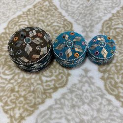 Set of 3 Beaded Mirrored Nesting Trinket Jewelry Boxes Turquoise Boho Decor