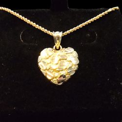 NEW 10K GOLD HEART NUGGET PENDANT WITH CHAIN 