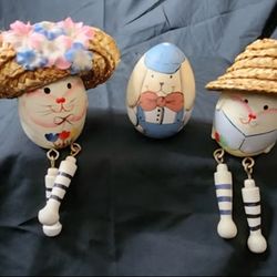 Vintage 1970s Hand Painted Wooden Egg Bunny Couple & Doggy PERFECT FOR EASTER!!