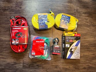 Jumper cables tow strap hitch ball tie downs bungee cord