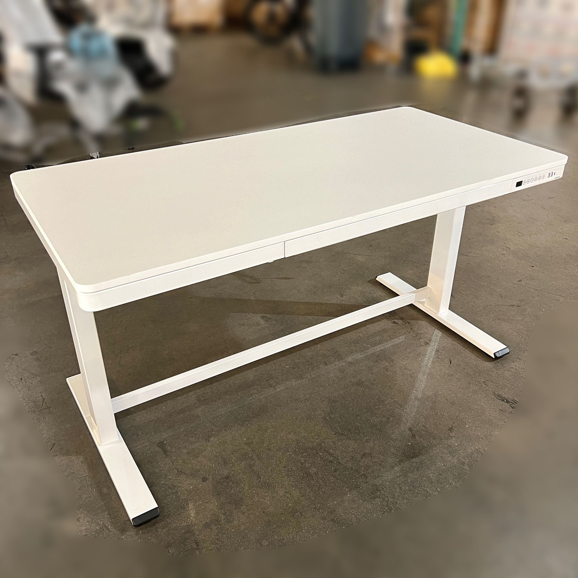 NEW IN BOX 55” White Electric Standing Desk with Drawer, Charging Ports, Height Adjustable Office Desk