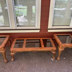 3 Piece Set Of  Solid Oak With Stains Glass Coffee Table With 2 Matching End Tables