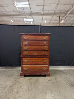 Classic Cherry Finish Tall Chest of Drawers with Brass Hardware