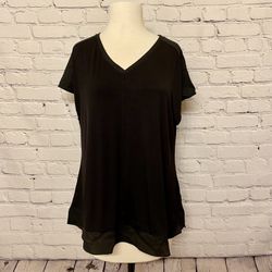 H by Halston Extended Shoulder V Neck Top w/ Side Slits Black NWT