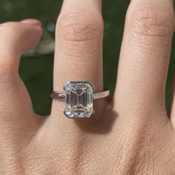 4 Carat Emerald Cut Moissanite Diamond Half Bezel 10k White Gold 