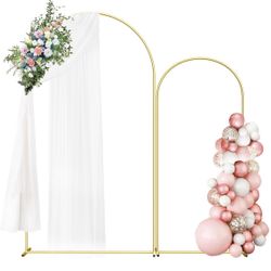 Wedding Arch Backdrop Stand Set Of 2 (7.3FT/6FT), Gold Metal Arch Backdrop Stand,Balloon Arch Stand For Wedding Ceremony Baby Shower Outdoor Indoor Bi