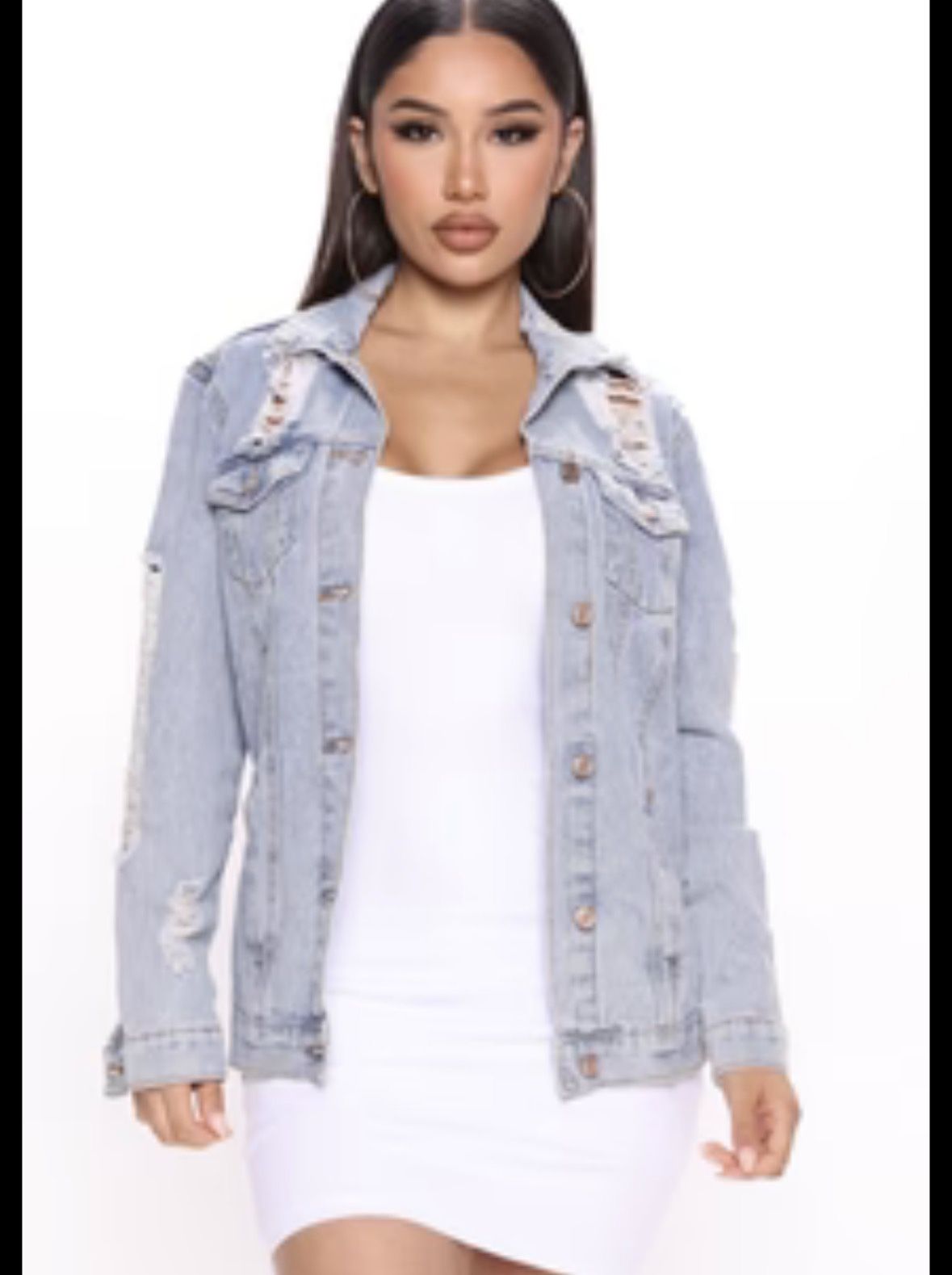 Fashion Nova Oversized Distressed Denim Jacket Size L - Excellent Preloved Condition