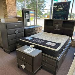 Caitbrook Gray Bookcase Storage Platform Bedroom Set.   Queen, King, Full Size